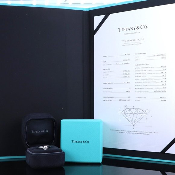 20788 Tiffany & Co. Platinum 0.65ct H VS2 Round Diamond Engagement Ring 5.75 - Picture 2 of 6